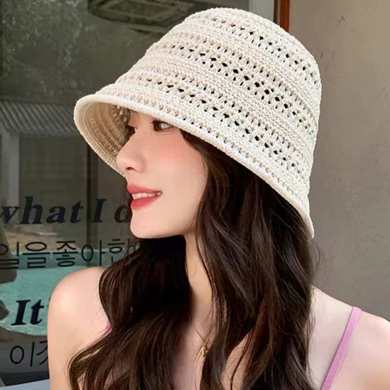 2025 Summer New Hollow Knitted Sun Protection and Sunshade Hat for Women's Leisure Versatile Small Fresh Fashion Pot Hat korean