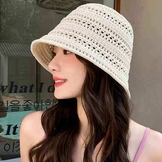 2025 Summer New Hollow Knitted Sun Protection and Sunshade Hat for Women's Leisure Versatile Small Fresh Fashion Pot Hat korean